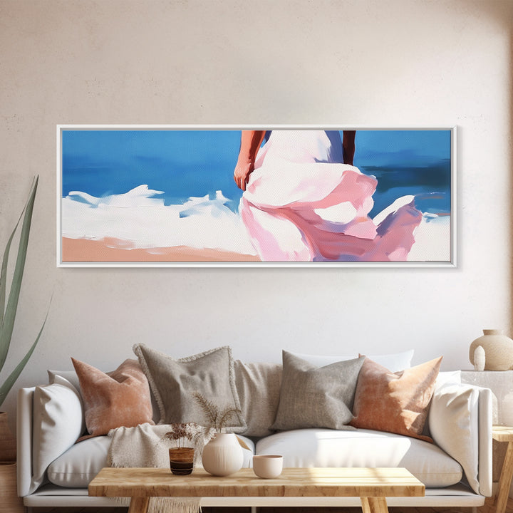 Ocean Breeze, Woman on Beach, Coastal Aesthetic, Framed Canvas Print, Minimalist Art, Boho Wall Decor, Bedroom Wall Artwork