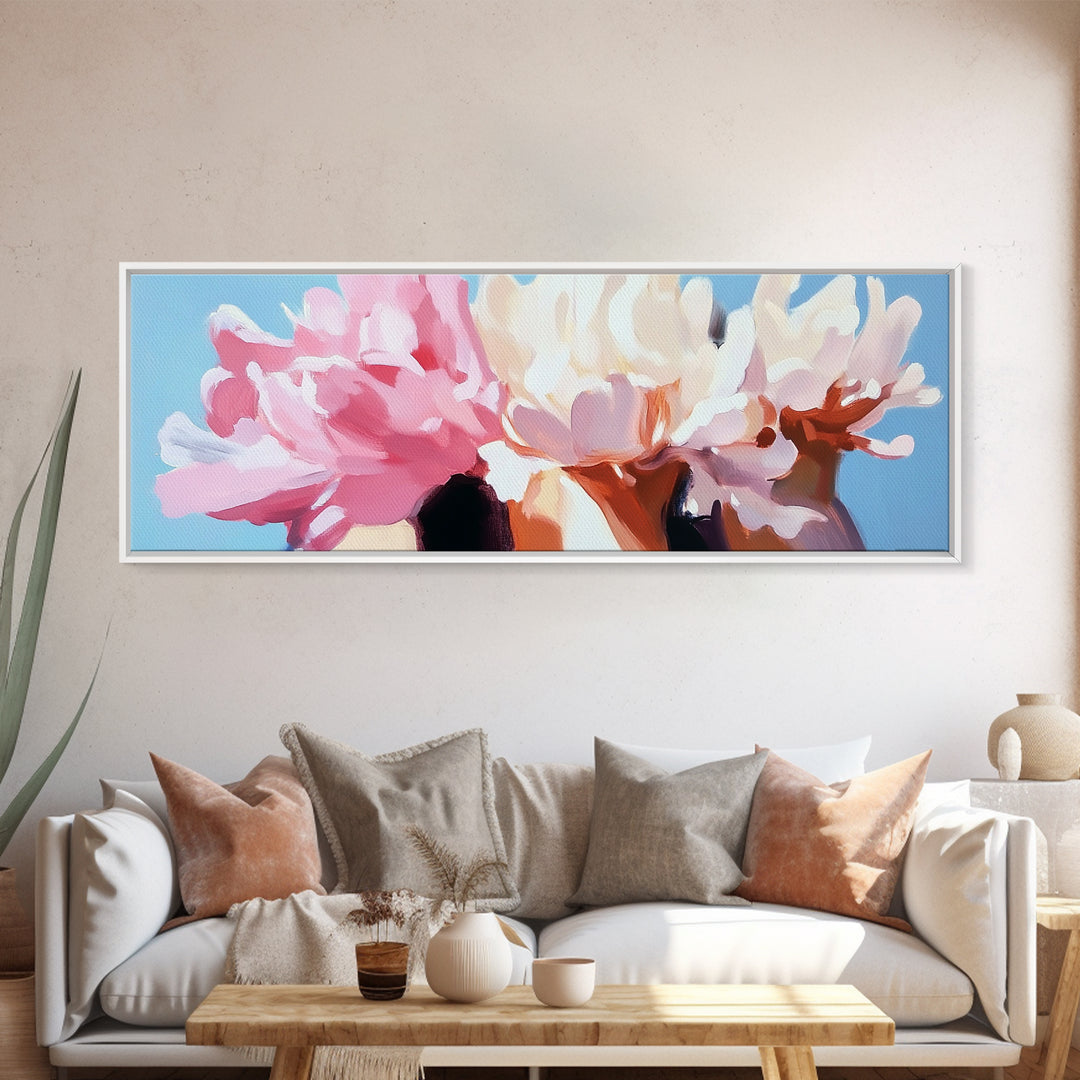 Blooming Peonies, Soft Floral Art, Pastel Wall Decor, Framed Canvas Print, Romantic Aesthetic, Bedroom Wall Art, Feminine Style