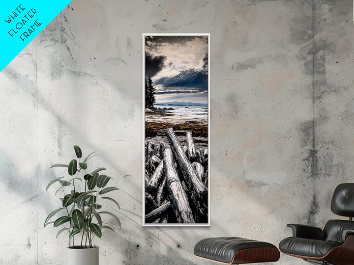 Coastal Beach, Driftwood Shore, Stormy Sky, Framed Canvas Print, Ocean Wall Art, Seaside Decor, Nautical Painting, Living Room Wall Art