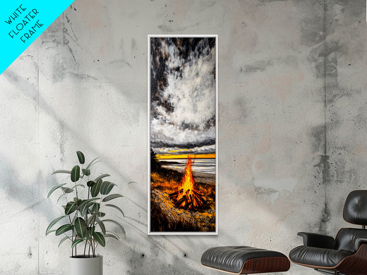 Beach Bonfire, Cozy Fire, Seaside Sunset, Framed Canvas Print, Coastal Home Decor, Relaxing Landscape, Rustic Living Room Wall Art