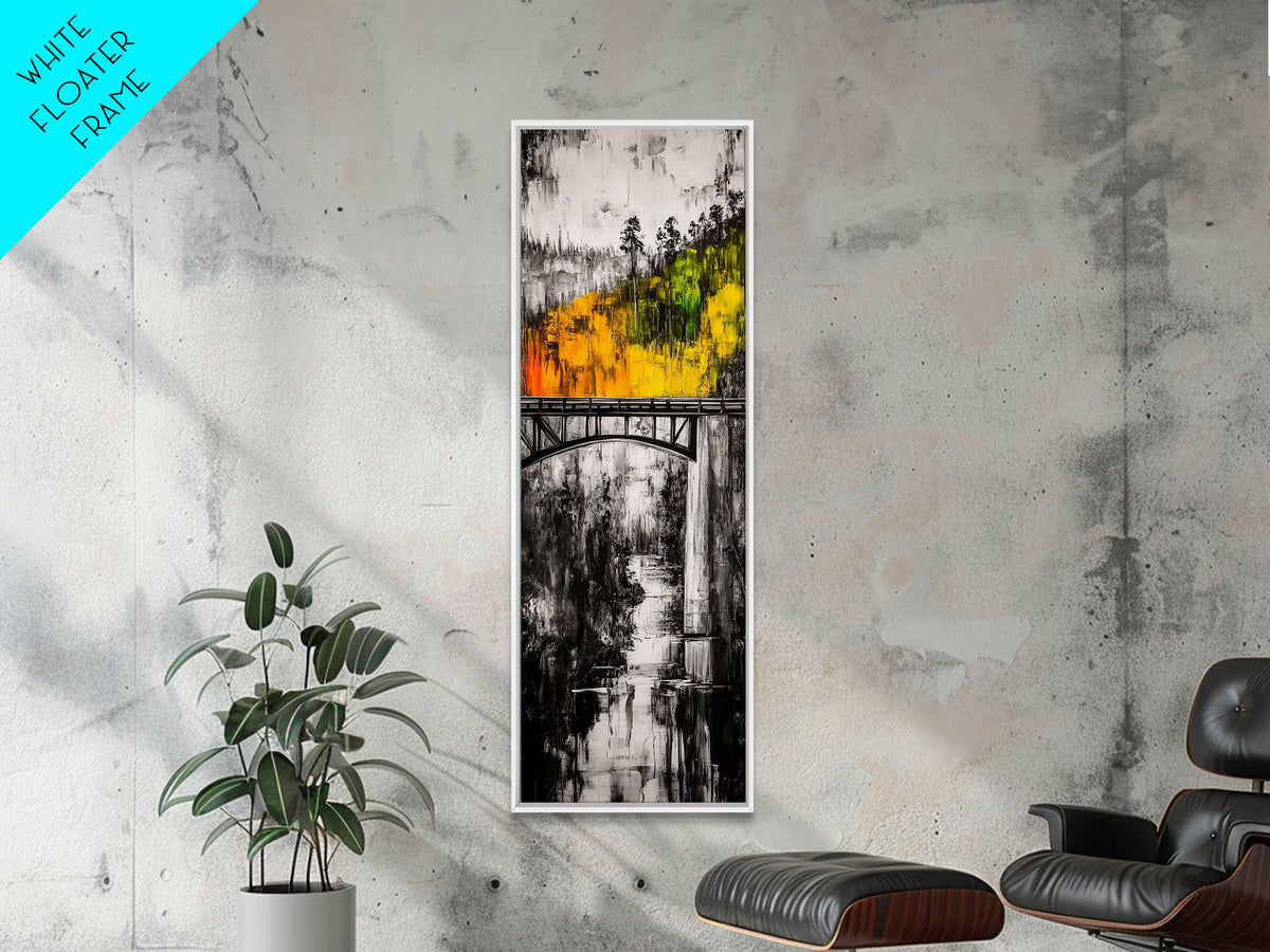 Forest Bridge, Fall Foliage, Rustic Nature Art, Woodland Pathway, Scenic Travel Decor, Living Room Wall Art, Framed Canvas Print