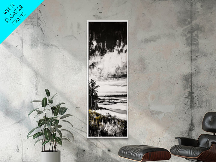 Coastal Serenity, Black White Landscape, Ocean Horizon Art, Minimalist Beach Scene, Modern Home Decor, Framed Canvas Print