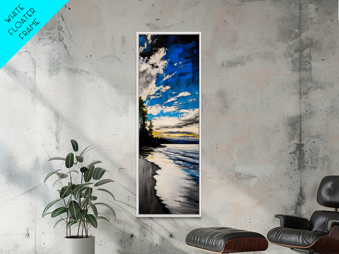 Ocean Sunset View, Coastal Landscape Painting, Blue Sky Wall Art, Beach House Decor, Minimalist Seascape Print, Canvas Print