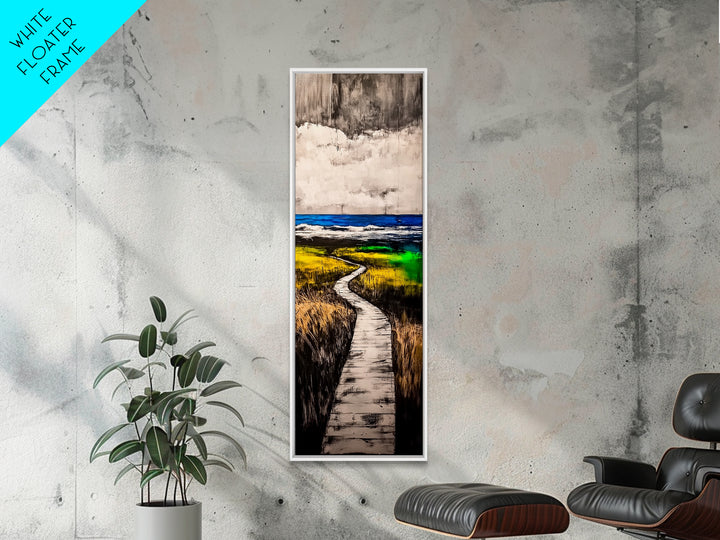 Boardwalk, Beach Path Art, Coastal Living Room Decor, Ocean Horizon Print, Tranquil Landscape, Relaxing Home Aesthetic, Framed Canvas Print