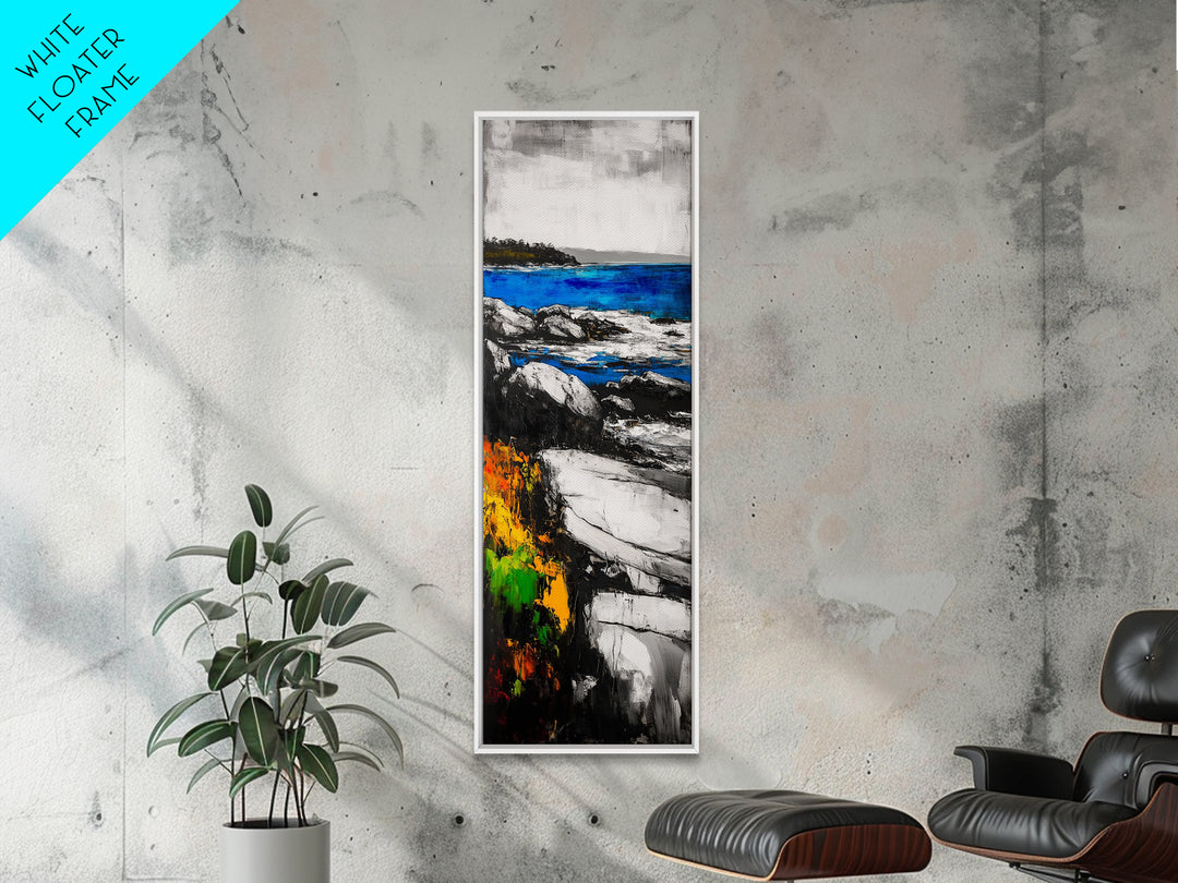 Rocky Coastline, Blue Waters, Seaside View, Framed Canvas Print, Nautical Art, Modern Beach Decor, Living Room Wall Art