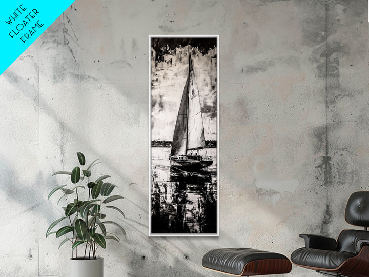 Black and White Sailboat, Nautical Wall Art, Minimalist Seascape Painting, Coastal Home Decor, Office or Bedroom Art, Framed Canvas Print