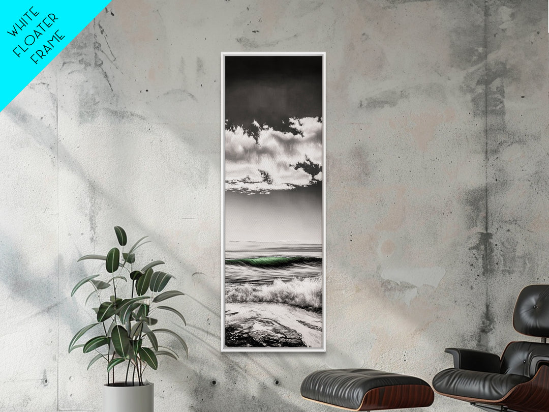 Coastal Waves, Black and White, Green Wave, Framed Canvas Print, Modern Beach Wall Art, Minimalist Ocean Decor, Living Room Art