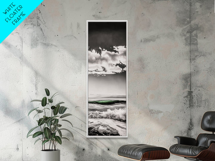 Coastal Waves, Black and White, Green Wave, Framed Canvas Print, Modern Beach Wall Art, Minimalist Ocean Decor, Living Room Art