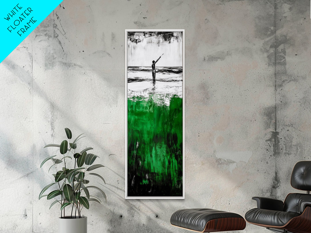 Abstract Ocean, Surreal Water, Green and Black, Framed Canvas Print, Coastal Minimalist Art, Modern Beach Wall Decor, Office Art