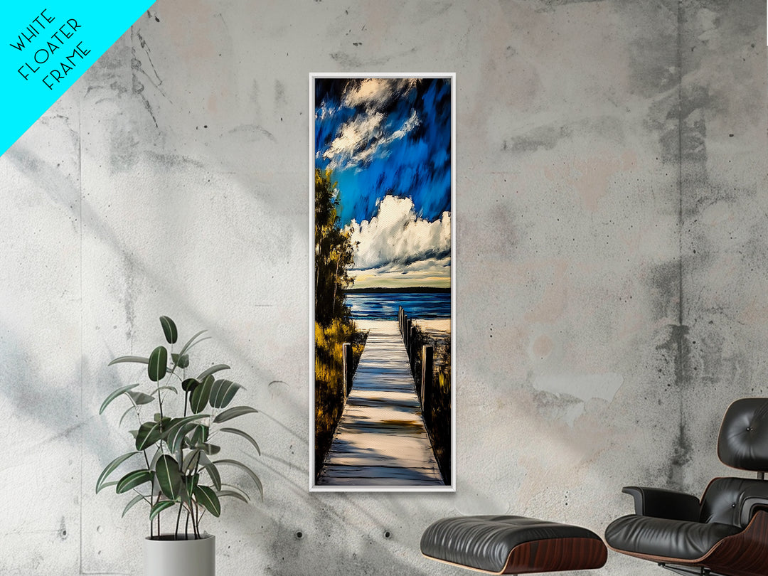 Serene Dock, Lake View, Blue and Gold, Canvas Print, Peaceful Nature Scene, Rustic Wall Art, Cabin Decor, Living Room Artwork