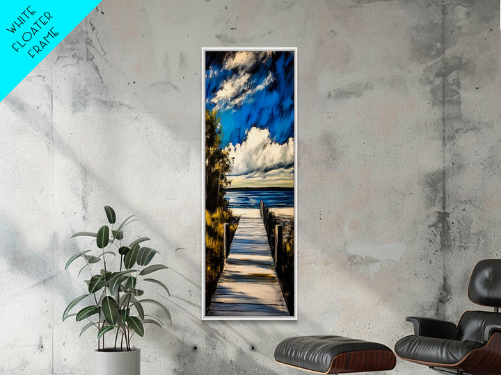 Serene Dock, Lake View, Blue and Gold, Canvas Print, Peaceful Nature Scene, Rustic Wall Art, Cabin Decor, Living Room Artwork