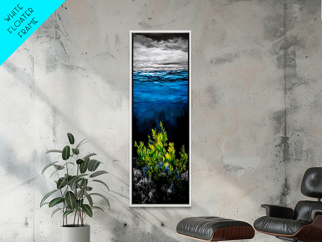 Deep Sea, Blue Water, Ocean Waves, Underwater Scene, Framed Canvas Print, Nautical Wall Art, Bathroom Art, Coastal Home Decor