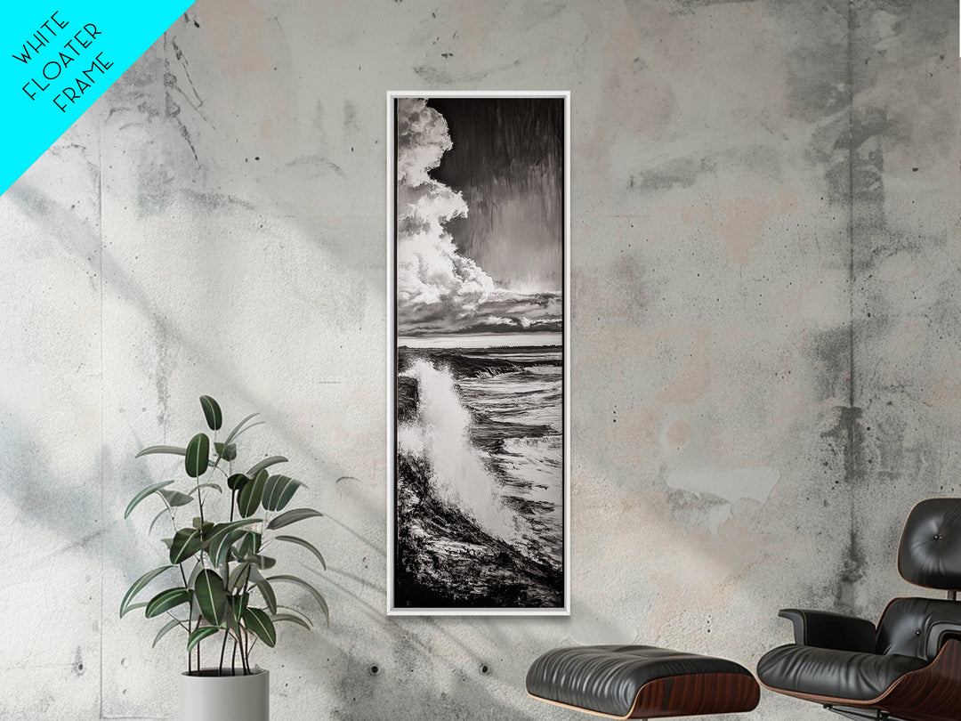 Ocean Power, Wave Crash, Coastal Landscape, Dramatic Seascape, Framed Canvas Print, Black and White Wall Art, Beach House Decor