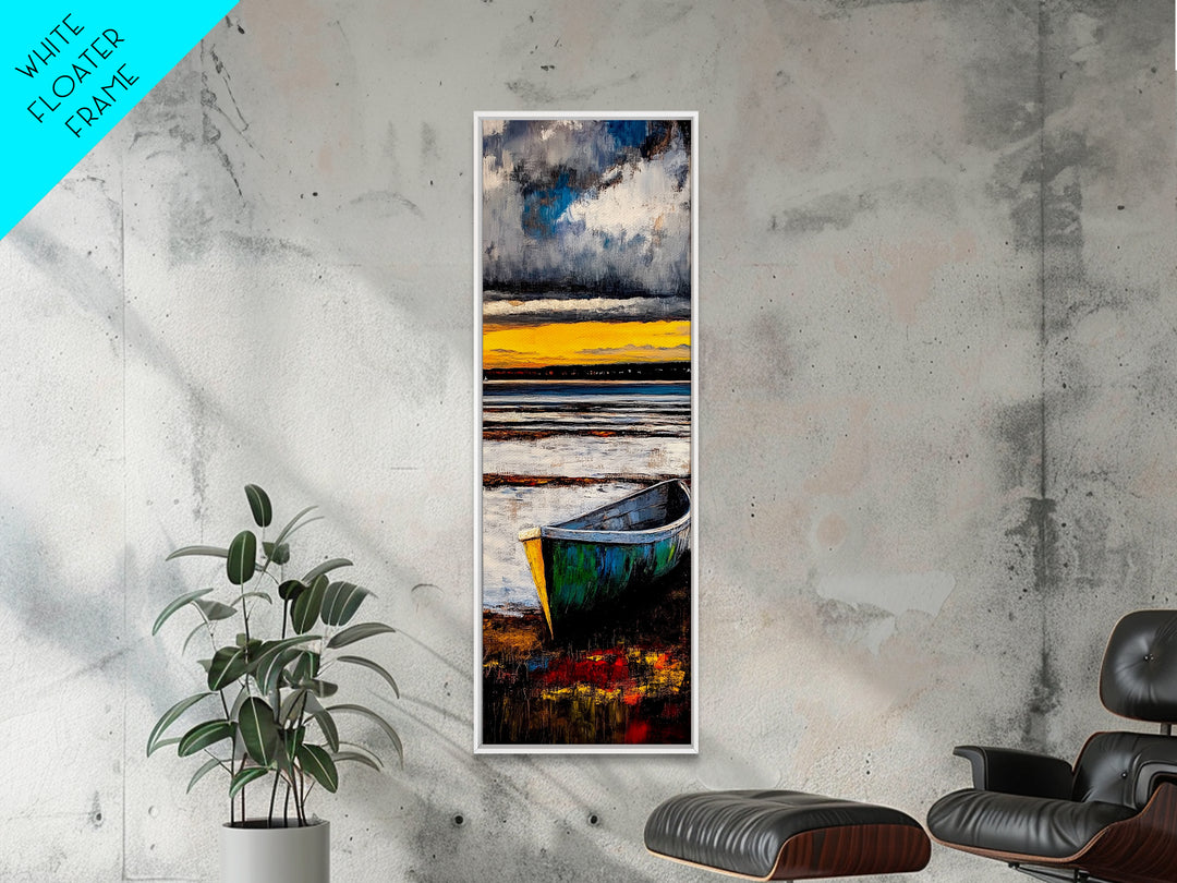 Boat on Shore, Sunset Painting, Coastal Decor, Nautical Wall Art, Framed Canvas Print, Living Room Art, Rustic Seascape, Ocean Scene