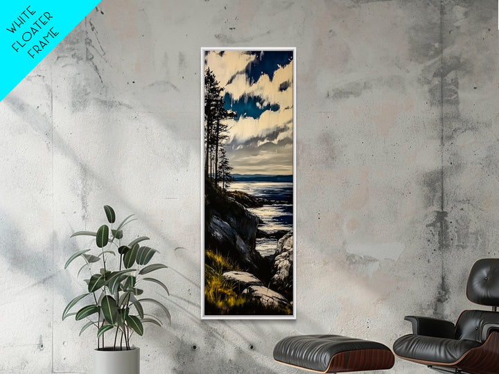 Cliffside View, Coastal Landscape, Nature Wall Art, Tranquil Seascape, Framed Canvas Print, Bedroom Wall Decor, Blue and Green Artwork