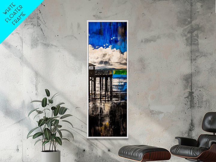 Dock on Water, Rustic Coastal Art, Blue Tones, Nautical Painting, Framed Canvas Print, Living Room Decor, Lakeside Cabin Wall Art