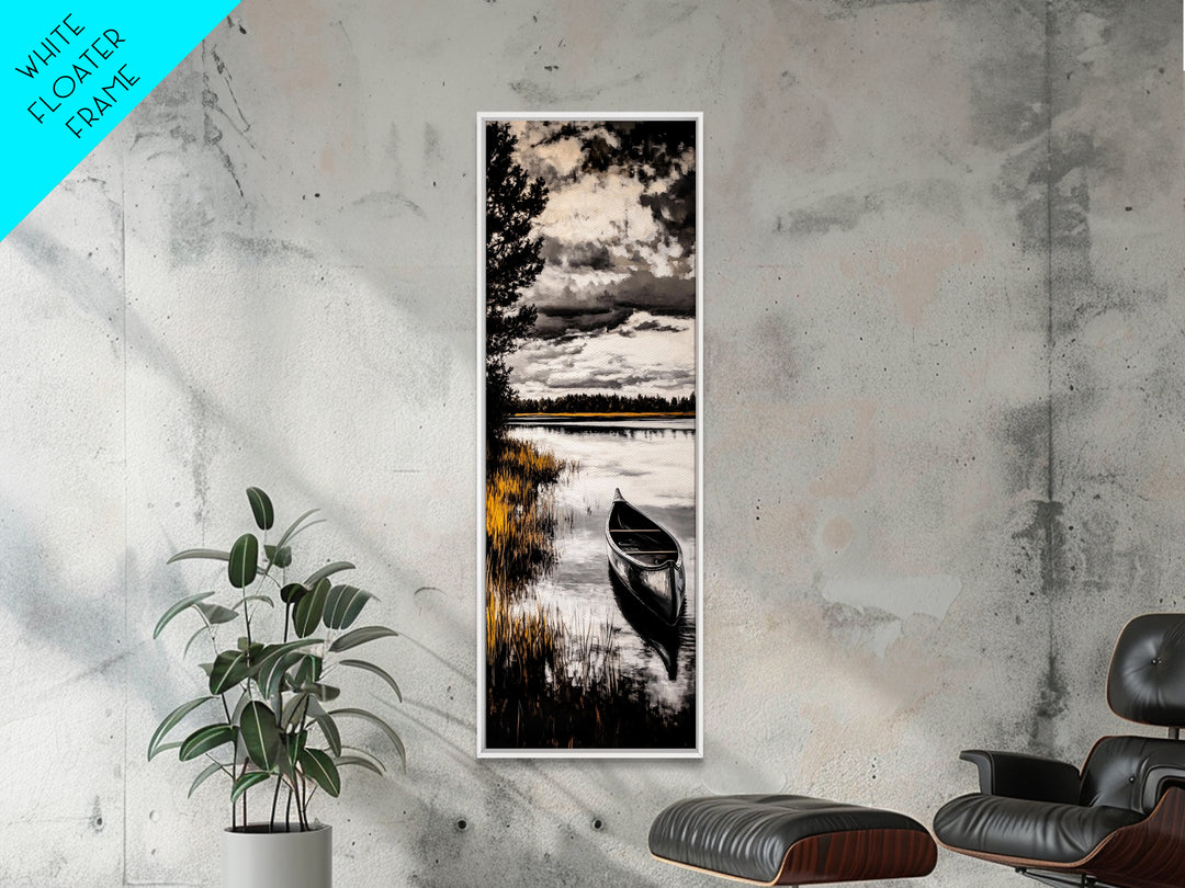 Canoe Lake, Tranquil Nature Art, Black and White Landscape, Framed Canvas Print, Serene Home Decor, Cabin Wall Art, Adventure Painting