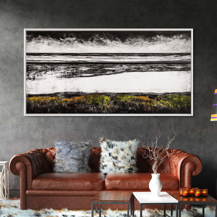 Coastal Horizon, Black and White Beach, Minimalist Seascape, Monochrome Art, Nature Inspired, Framed Canvas Print, Office Wall Decor
