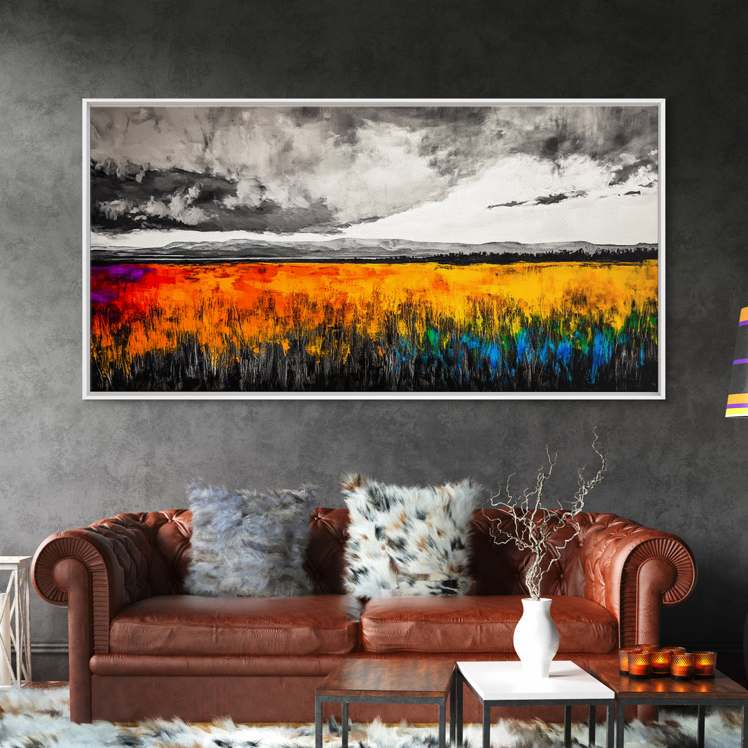 Autumn Meadow, Stormy Sky, Vibrant Fields, Framed Canvas Print, Fall Wall Art, Modern Landscape, Office Decor, Large Wall Art, Farmhouse