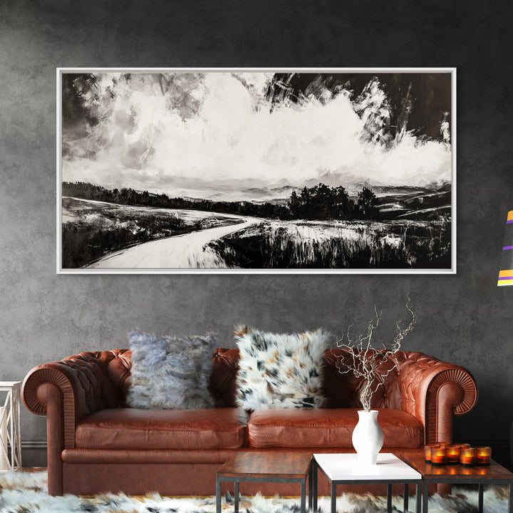 Country Road, Black and White, Minimalist, Framed Canvas Print, Rustic Landscape, Entryway Wall Art, Neutral Wall Decor, Farmhouse Style