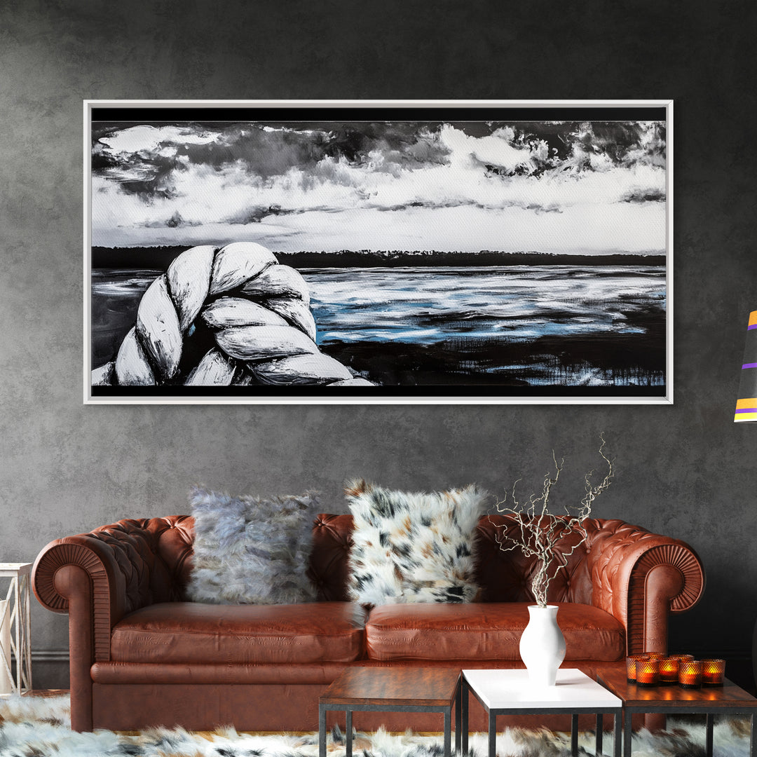 Nautical Art, Coastal Rope, Black and White, Framed Canvas Print, Beach House Decor, Minimalist Wall Art, Modern Ocean Painting
