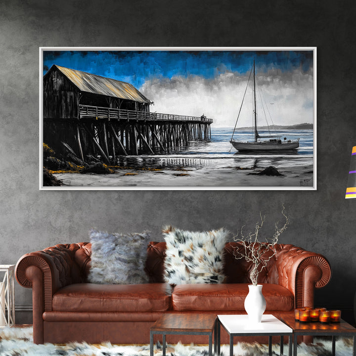 Pier and Boat, Seaside Wall Art, Coastal Landscape, Framed Canvas Print, Nautical Home Decor, Large Artwork, Ocean Painting