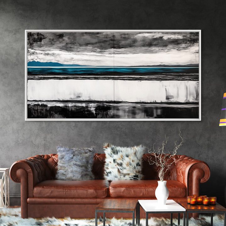 Moody Seascape, Minimalist Painting, Black and White Ocean, Framed Canvas Print, Contemporary Wall Art, Modern Coastal Home Decor