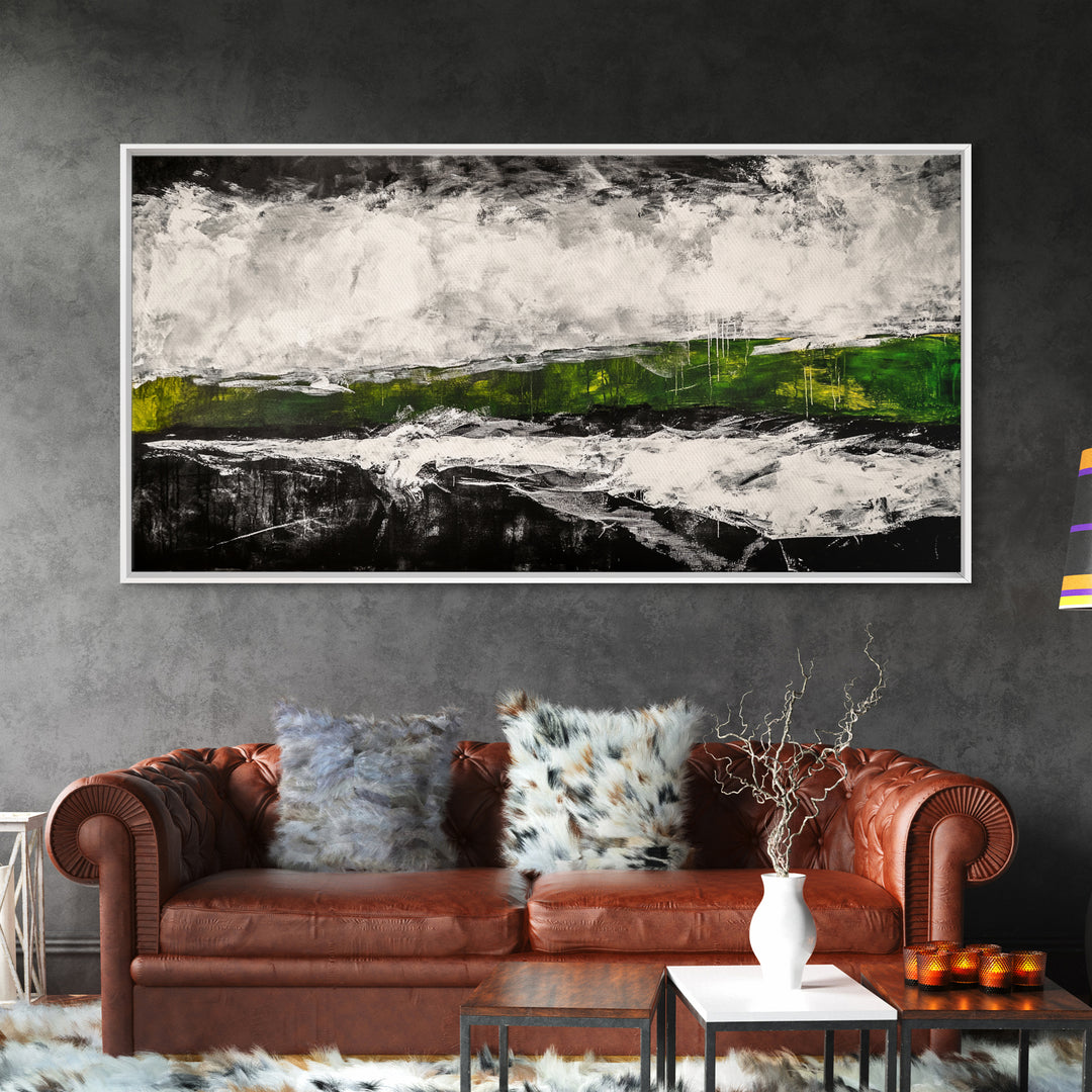 Abstract Expressionism, Black White Green, Dramatic Landscape, Framed Canvas Print, Modern Wall Art, Statement Artwork, Living Room Decor