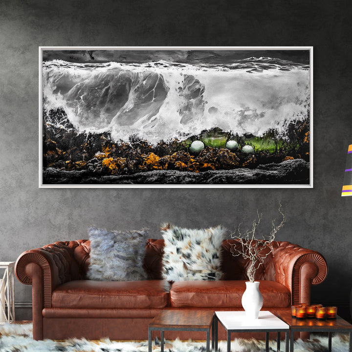 Crashing Waves, Ocean Foam, Textured Seascape, Black and White Art, Coastal Home Decor, Nautical Wall Art, Modern Art, Framed Canvas Print