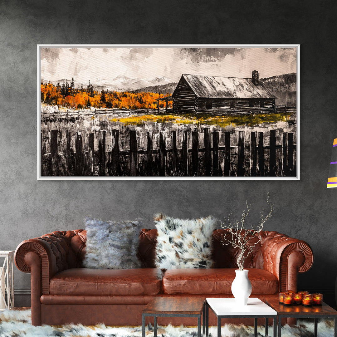 Rustic Cabin, Fall Foliage, Country Home Art, Canvas Print, Autumn Wall Decor, Farmhouse Wall Art, Cozy Living Room Art