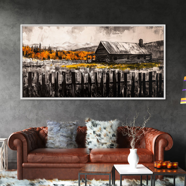 Rustic Cabin, Fall Foliage, Country Home Art, Canvas Print, Autumn Wall Decor, Farmhouse Wall Art, Cozy Living Room Art