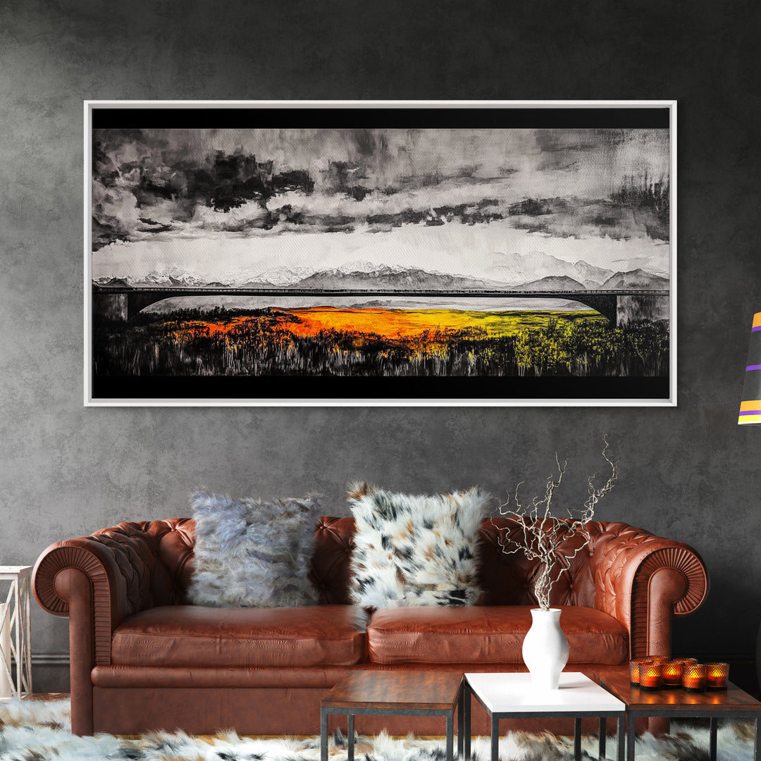 Train Bridge, Dramatic Sky, Mountains, Framed Canvas Print, Moody Landscape, Black and White Art, Rustic Decor, Office Wall Art