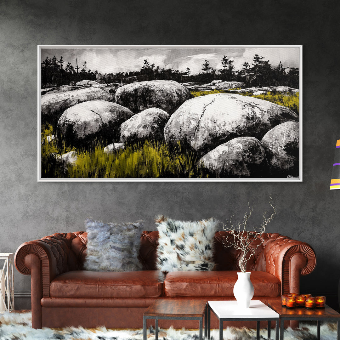 Boulder Landscape, Black and White, Nature Scene, Framed Canvas Print, Rustic Wall Art, Minimalist Decor, Wilderness Theme, Cabin Art