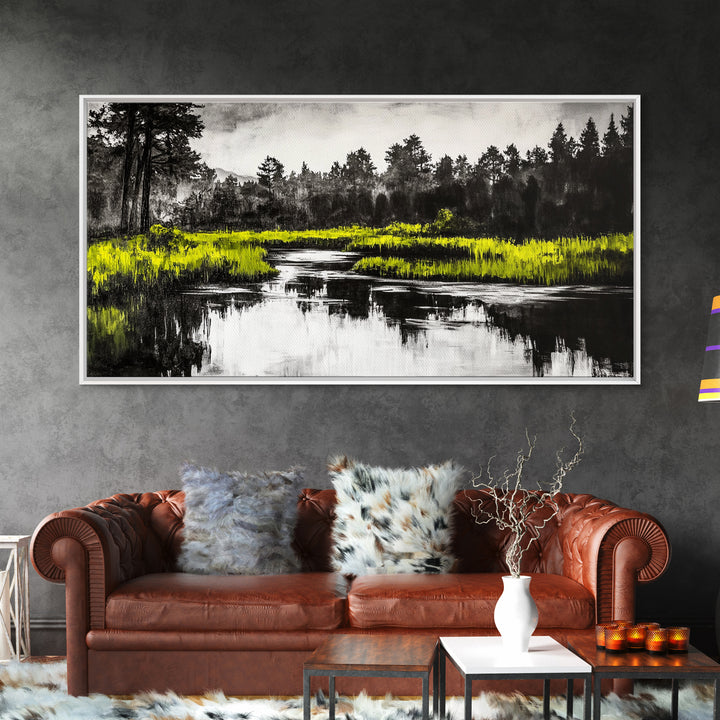 River Reflection, Minimalist Nature Art, Framed Canvas Print, Black and White Landscape, Modern Wall Decor, Office Wall Art