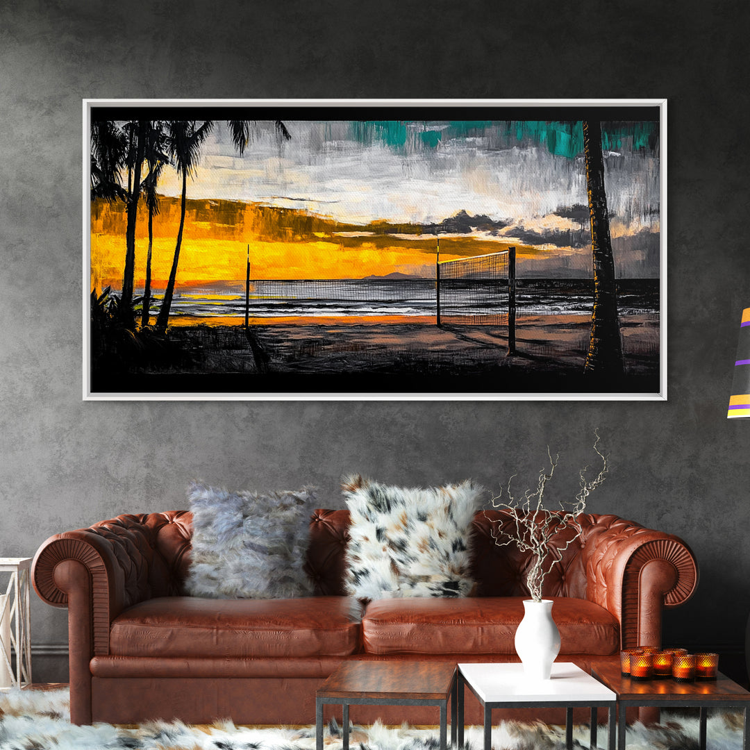 Beach Volleyball, Sunset Seascape, Warm Coastal Decor, Tropical Wall Art, Living Room Artwork, Golden Hour Beach Scene, Framed Canvas Print
