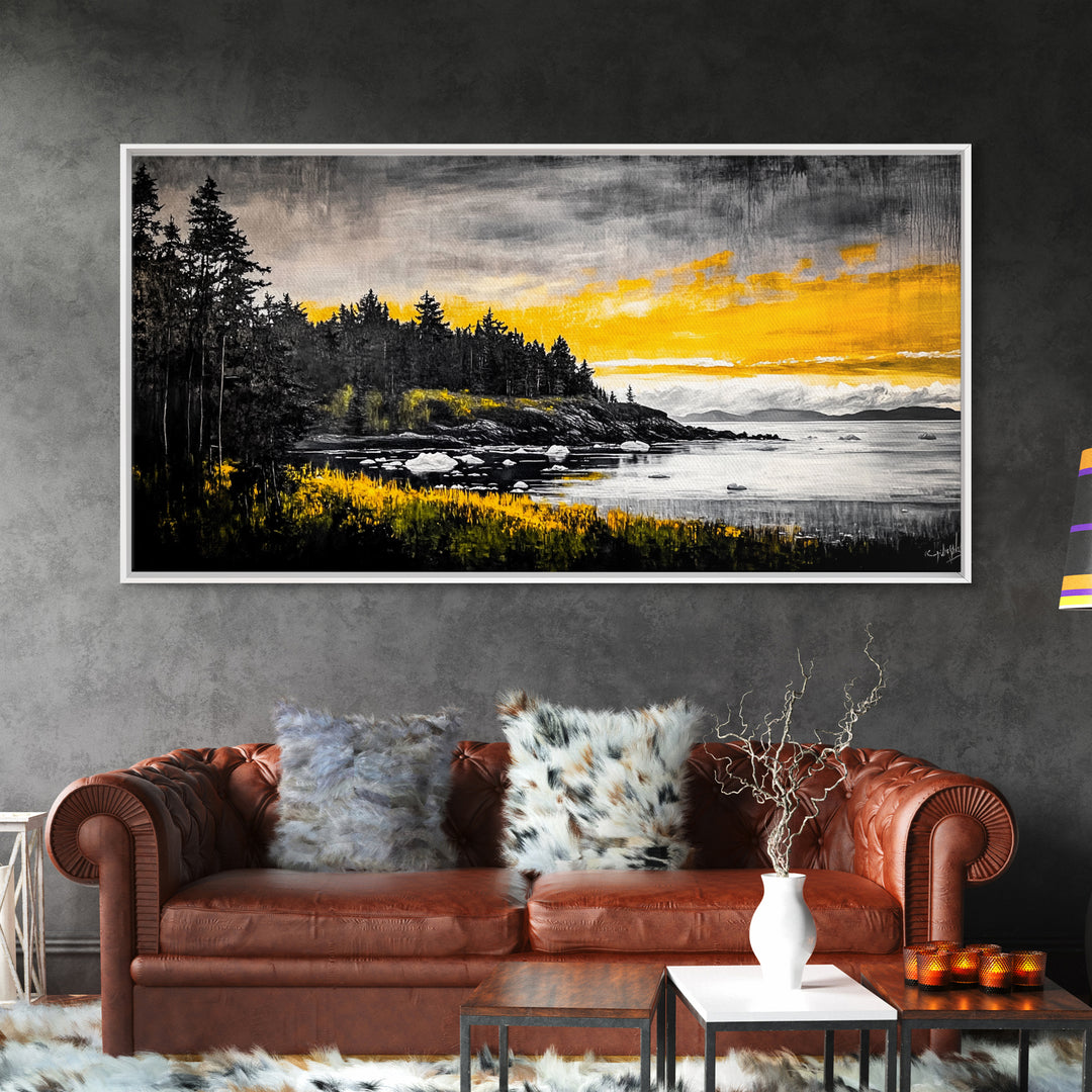 Coastal Landscape Print, Golden Sky Canvas Print, Dramatic Sunset Painting, Nature Wall Art, Living Room Artwork, Framed Canvas Print