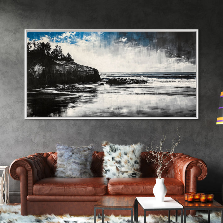 Dramatic Cliffside Painting, Ocean Wave Canvas Print, Monochrome Seascape Art, Moody Wall Decor, Coastal Artwork, Framed Canvas Print