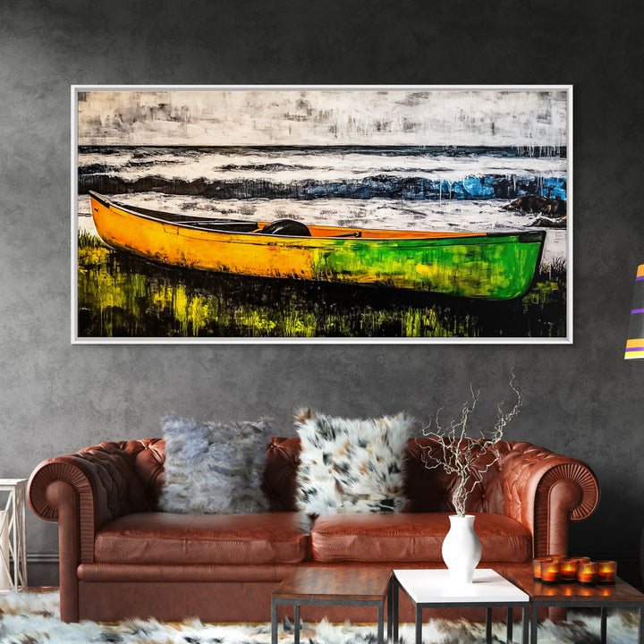 Canoe on the Shore, Rustic Nature Canvas Print, Lake House Wall Art, Autumn Painting, Outdoors Inspired Decor, Framed Canvas Print