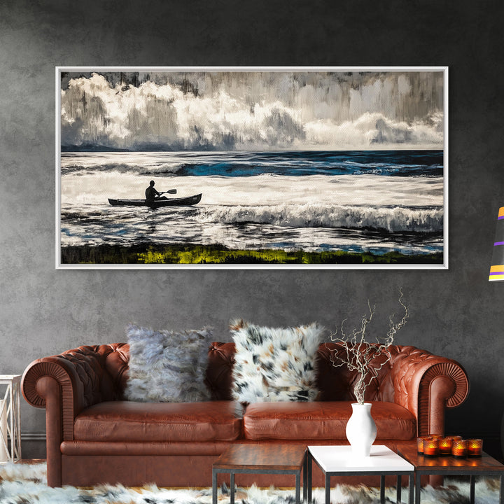 Kayaker on the Waves, Black and White Canvas Print, Ocean Adventure Wall Art, Nautical Decor, Living Room Artwork, Framed Canvas Print
