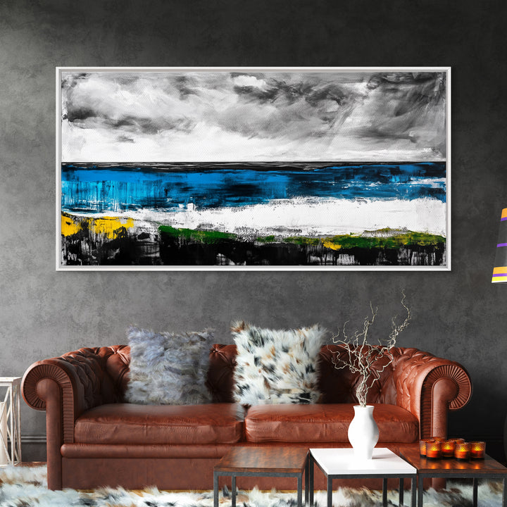 Abstract Coastal Art, Blue and Yellow Canvas Print, Modern Seascape Wall Decor, Ocean Painting, Living Room Artwork, Framed Canvas Print