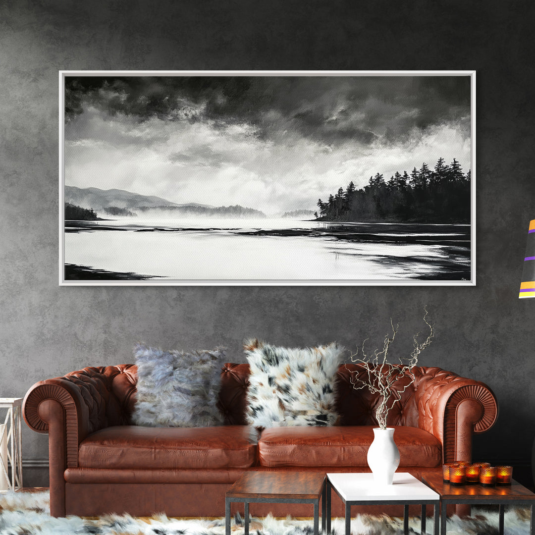 Monochrome Landscape Art, Misty Lake Canvas Print, Nature Wall Decor, Black and White Painting, Living Room Artwork, Framed Canvas Print