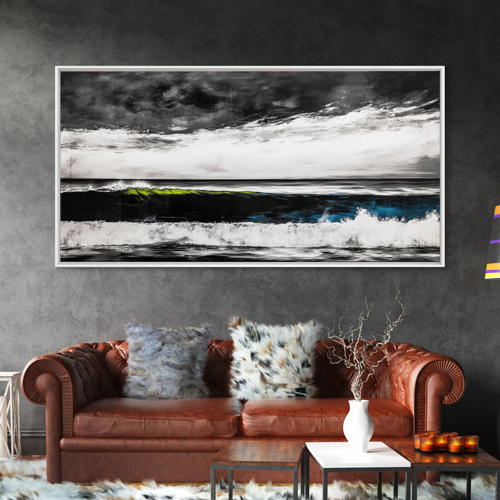 Ocean Wave Painting, Black and White Print, Modern Coastal Wall Decor, Seascape Art, Nautical Home Aesthetic, Framed Canvas Print
