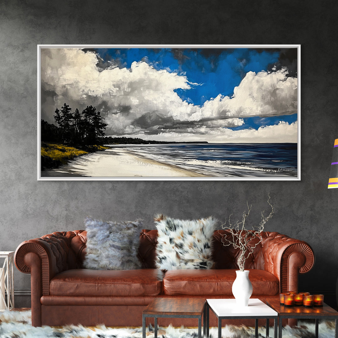Dramatic Beach Scene, Blue Sky Canvas Print, Coastal Landscape Painting, Nature Wall Decor, Living Room Artwork, Framed Canvas Print