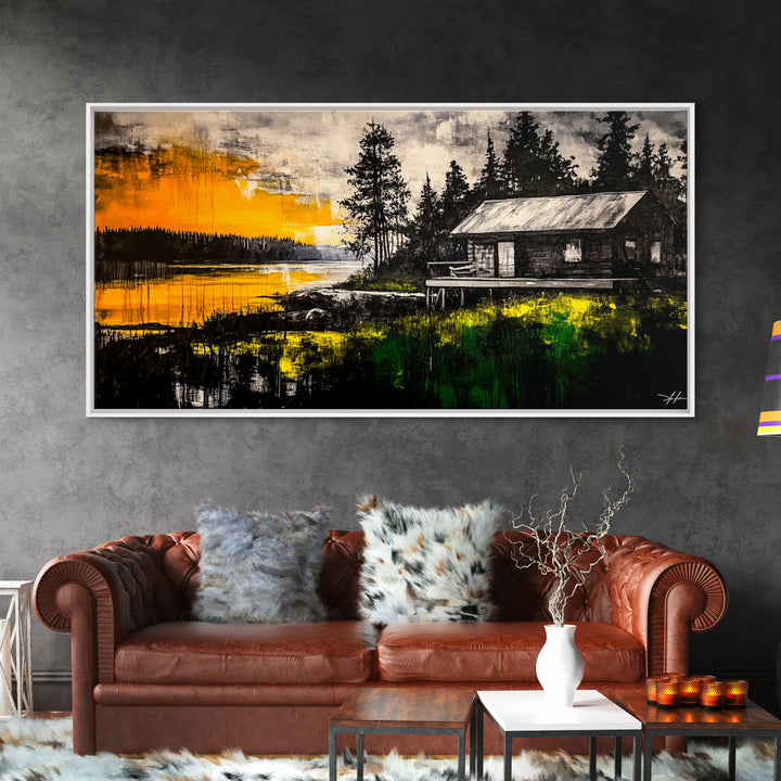 Rustic Cabin Art, Golden Sunset Canvas Print, Autumn Landscape Painting, Nature Wall Decor, Cozy Home Aesthetic, Framed Canvas Print