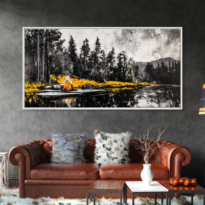 Campfire Forest Painting, Black and White Canvas Print, Nature Wall Decor, Cozy Cabin Artwork, Autumn Inspired Art, Framed Canvas Print