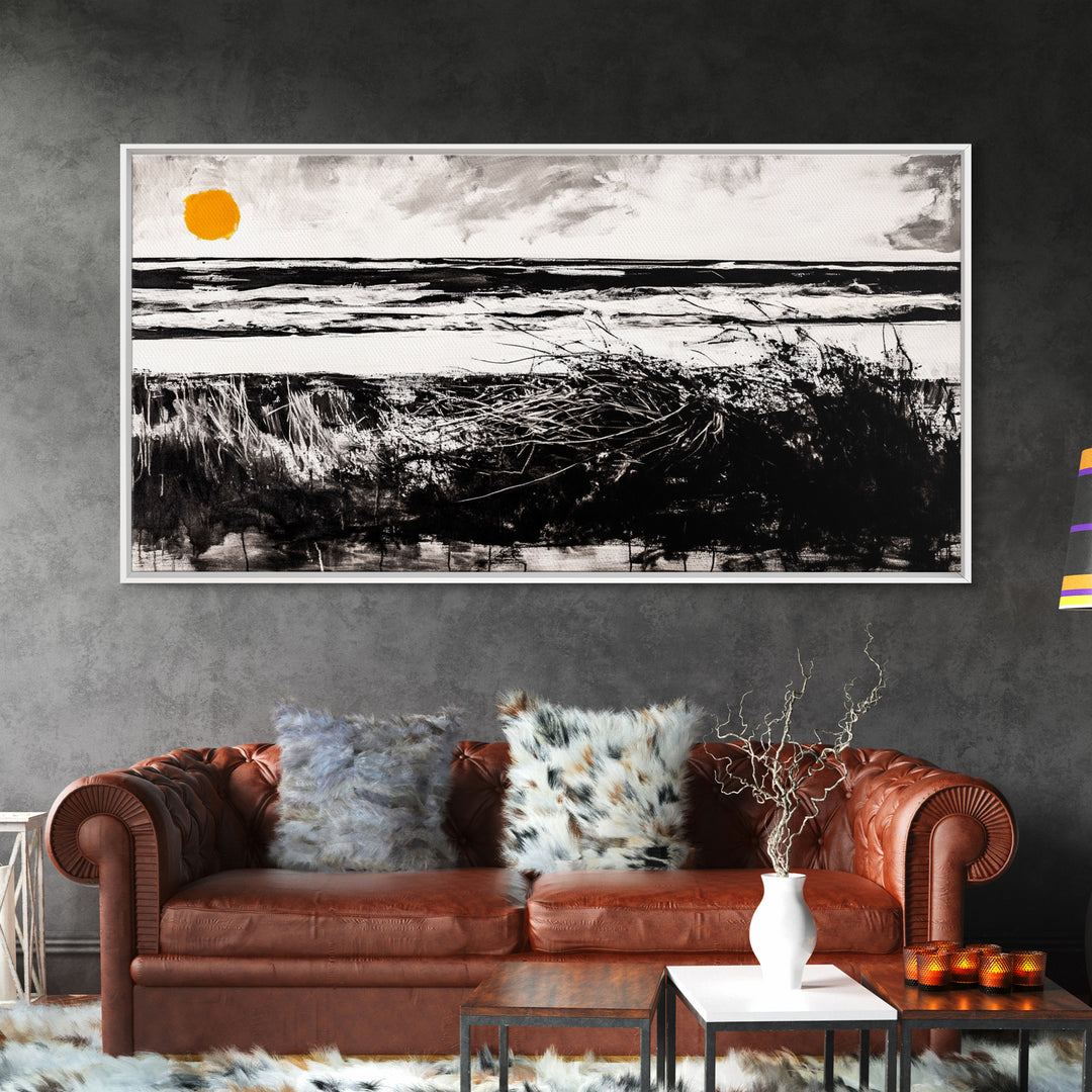 Coastal, Minimalist, Black and White, Framed Canvas Print, Ocean Sunset Wall Art, Beach House Decor, Nautical Artwork, Serene Seascape