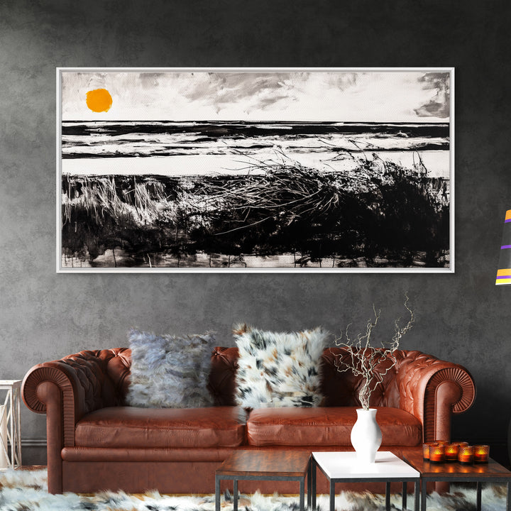 Coastal, Minimalist, Black and White, Framed Canvas Print, Ocean Sunset Wall Art, Beach House Decor, Nautical Artwork, Serene Seascape