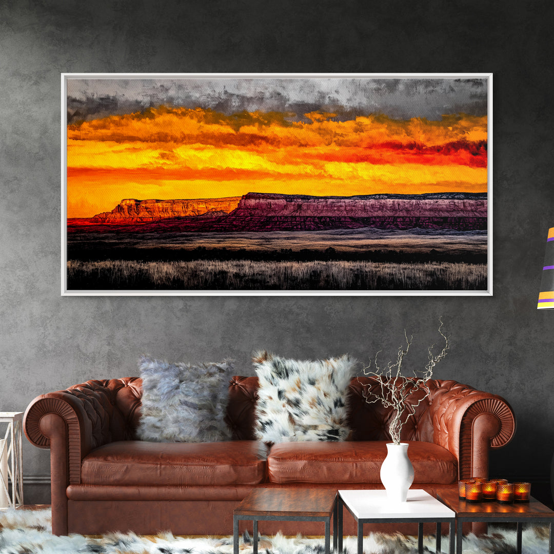 Desert, Sunset, Southwest, Framed Canvas Print, Bold Canyon Painting, Warm Earth Tones Wall Art, Western Home Decor, Scenic Landscape