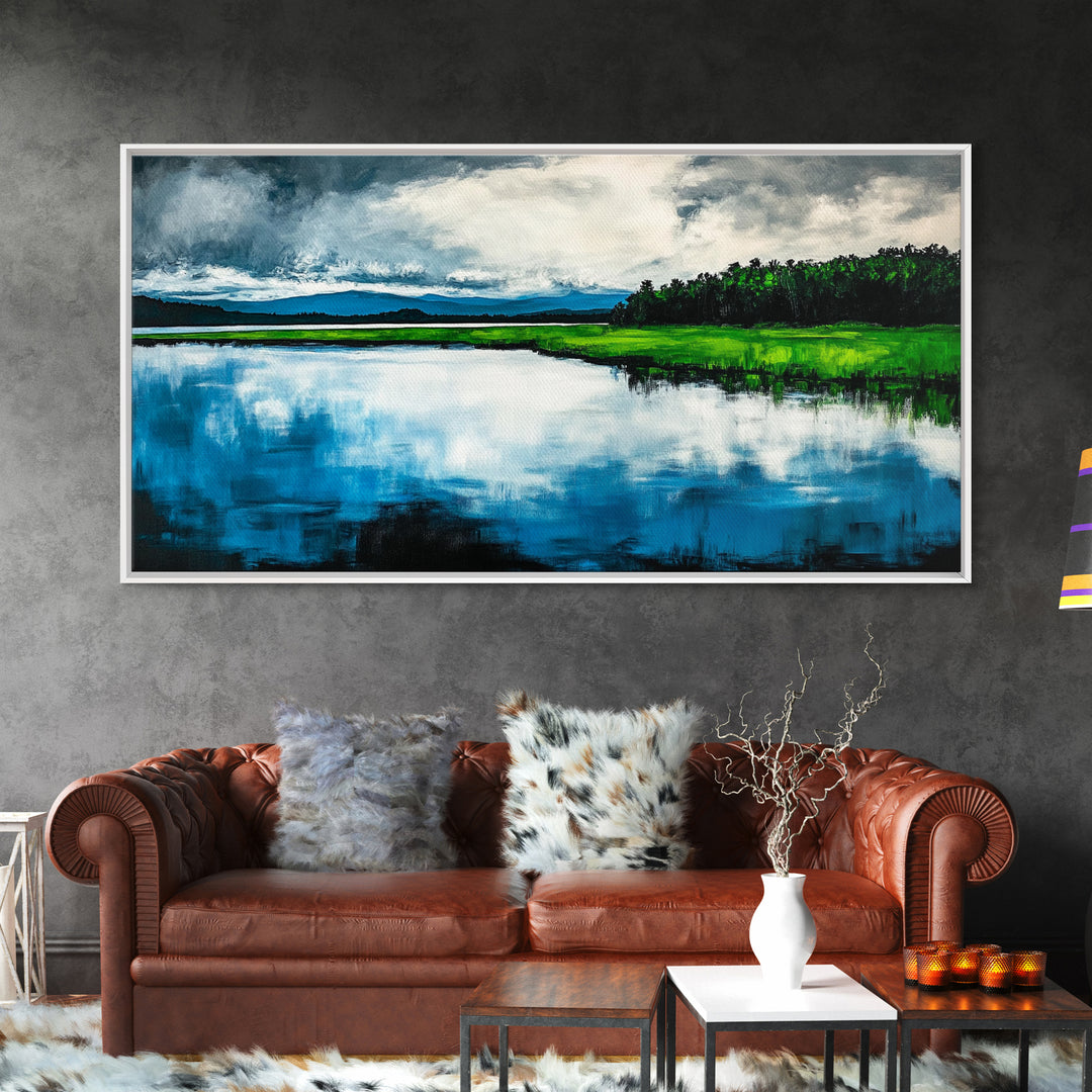 Blue Lake, Reflection Landscape, Nature Wall Art, Framed Canvas Print, Large Canvas Artwork, Modern Home Decor, Office Wall Art