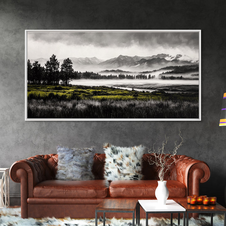 Foggy Forest, Mountain Landscape, Monochrome Wall Art, Framed Canvas Print, Modern Home Decor, Living Room Artwork, Nature Print
